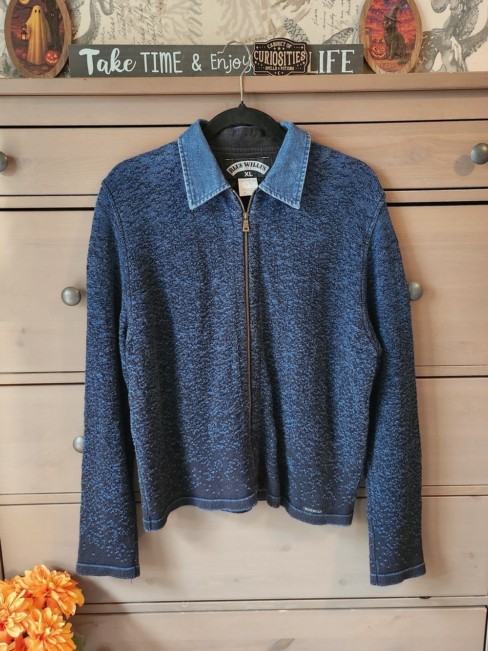 Vintage Blue Willi's Denmark 100% Cotton Indigo Heavy Knit Full Zip Cardigan XL